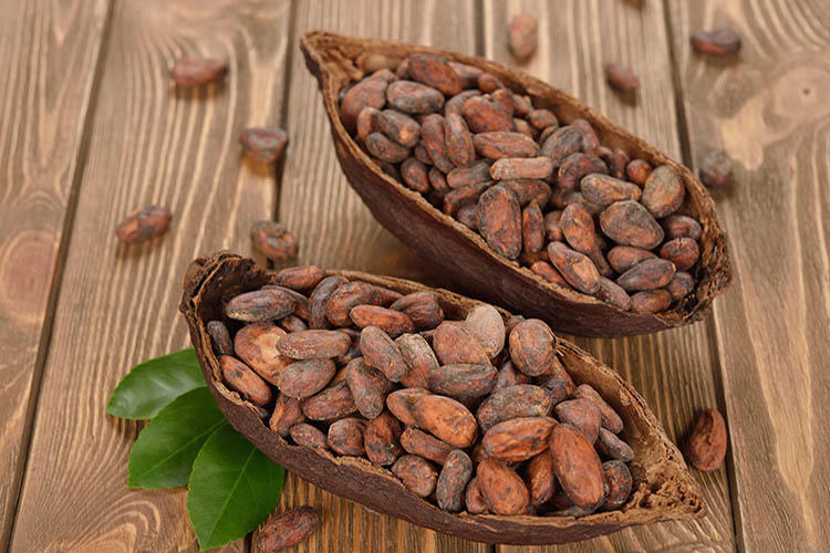 36213723 - natural cocoa beans on brown background